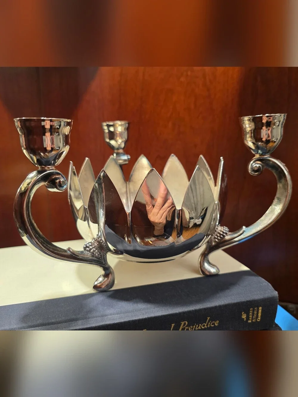 Vintage Silverplate Lotus Flower Bowl 3 Candle Candelabra Centerpiece